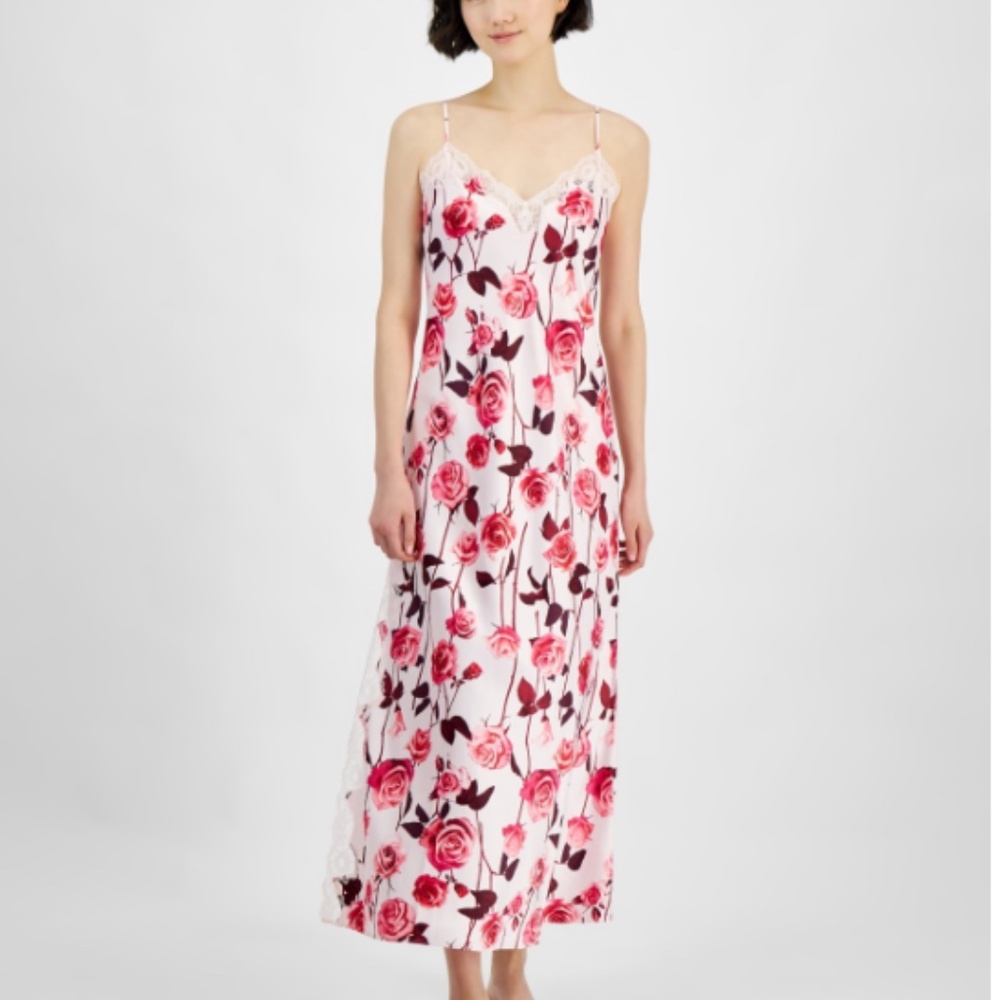 INC Pink Rose Floral Satin Lace-Trim Maxi Nightgown Xl